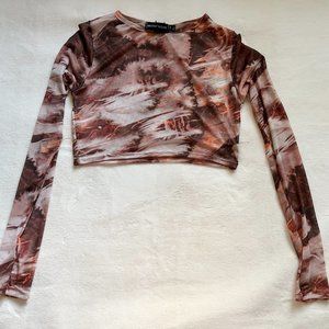 PLT Printed Mesh Long Sleeve Crop Top in Brown | Size: 4